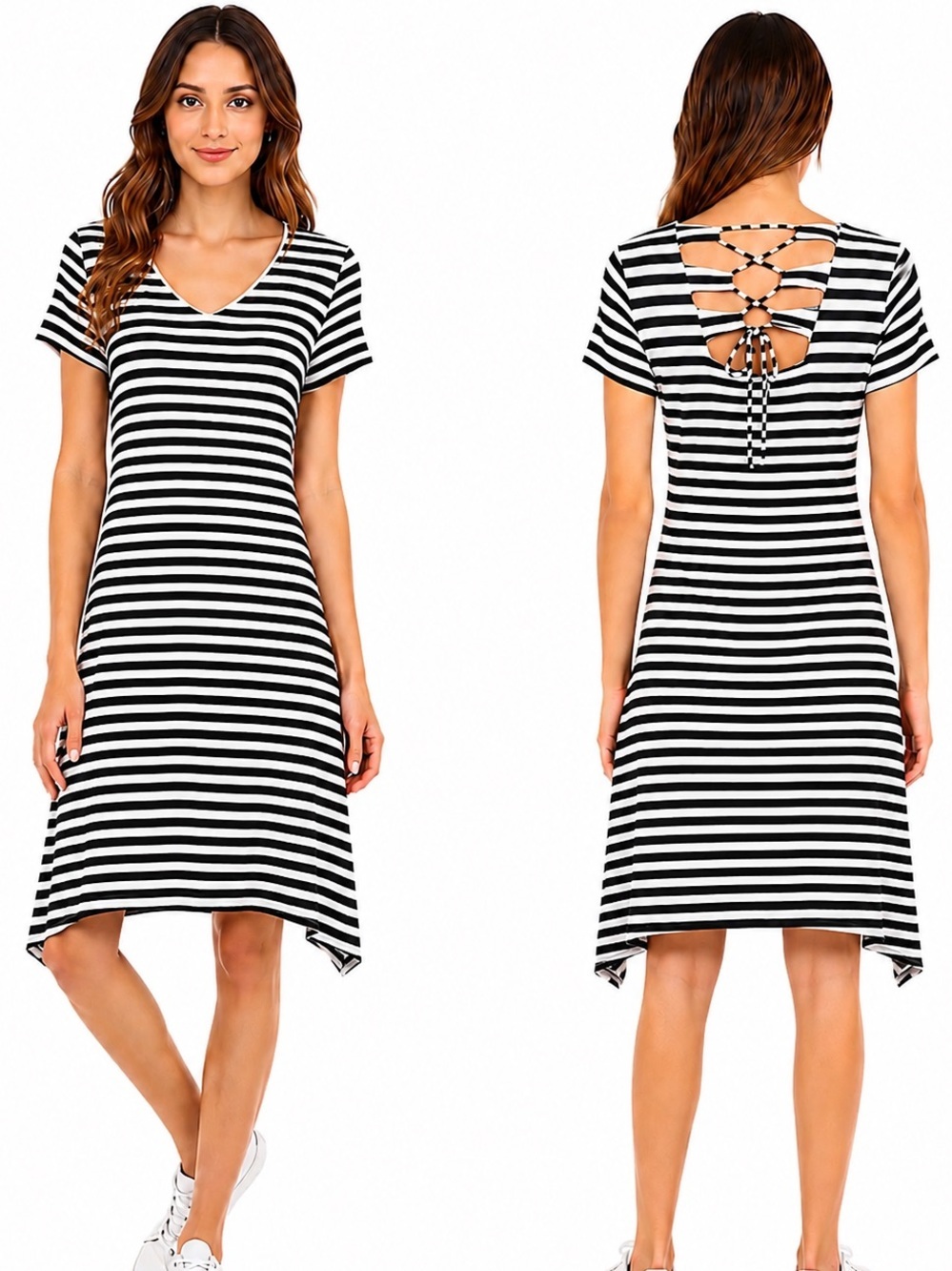 Chico’s Black White Striped Criss Cross Tie Back Swing Dress L Petite